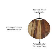 Round Sheesham Wood Cutting Board with Curved Iron Handle - Small