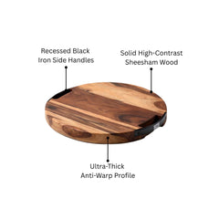 Round Sheesham Wood Cutting Board with Dual Iron Side Handles - Large