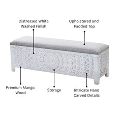 Carved Lace Storage Bench with Upholstered Top