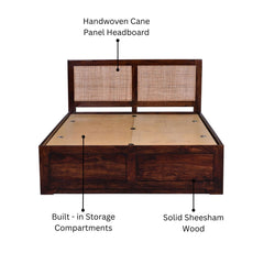 Solid Sheesham Wood Queen Bed with Cane Panel Headboard