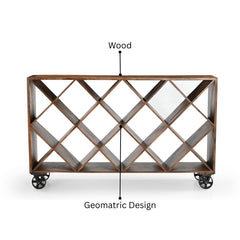 FS Rustic Industrial Console Table - Mango Wood & Metal Wine Rack with Wheels, Diamond Storage