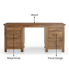 Maharani Hand-Carved Solid Wood Desk with 7 Drawers