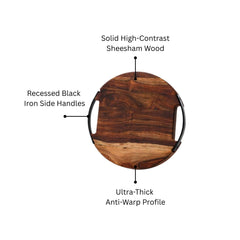 Round Sheesham Wood Cutting Board with Dual Iron Side Handles - Small