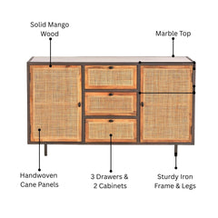 Adrian Mango Wood & Cane Sideboard with Marble Top