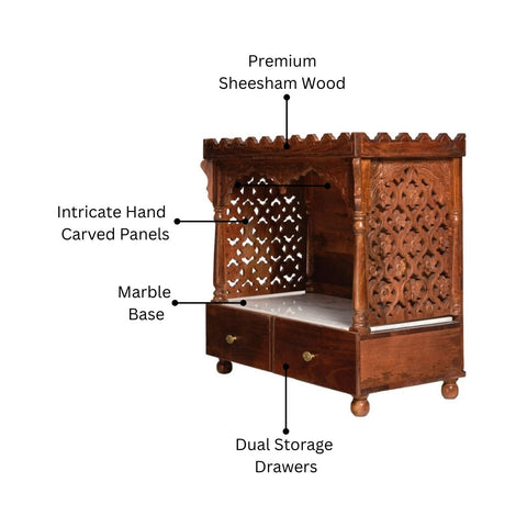 Handcrafted Sheesham Wood Temple with Marble Base