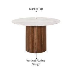 Karlen Round Dining Table – Fluted Wooden Base with White Marble Top