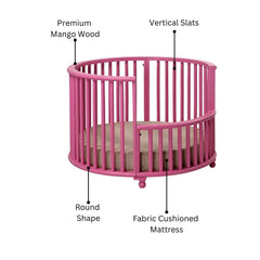 Bright Pink Mango Wood Baby Crib with Fabric Cushioning