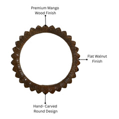 Modern Round Mango Wood Wall Mirror with Hand-Carved Frame – Flat Walnut Finish