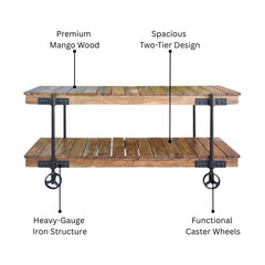 Industrial Rustic Mango Wood Two-Tier Trolley Table