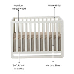 White Finish Mango Wood Baby Crib with Fabric Mattress