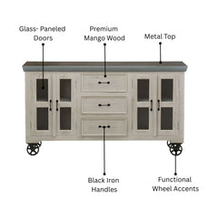 GURU 3-Drawer 8-Glass Door Sideboard with Galvanized Metal Top