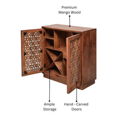 Kalpana Mango Wood Bar Cabinet with Hand-Carved Door Design
