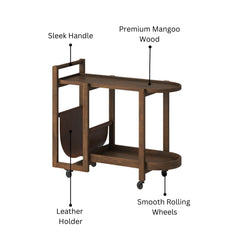 Elara Mango Wood Serving Trolley with Leather Holder