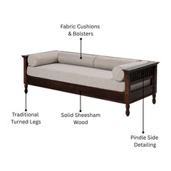 Classic Sheesham Wood Day Bed with Fabric Upholstery