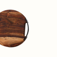 Round Sheesham Wood Cutting Board with Dual Iron Side Handles - Small