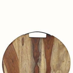 Round Sheesham Wood Cutting Board with Curved Iron Handle - Large