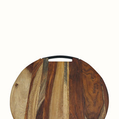 Round Sheesham Wood Cutting Board with Curved Iron Handle - Small