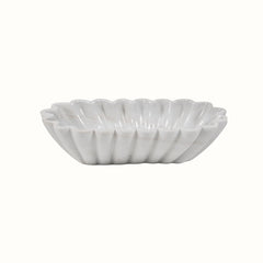Hand-Sculptured Oval White Marble Scalloped Bowl