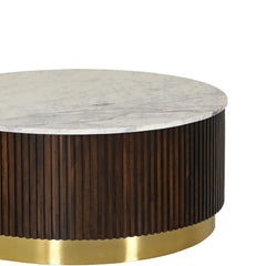 Round Mango Wood Coffee Table with Fluted Base & Marble Top