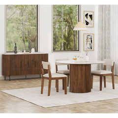 Karlen Round Dining Table – Fluted Wooden Base with White Marble Top