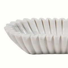 Hand-Sculptured Oval White Marble Fluted Bowl