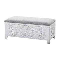 Hand-Carved Mango Wood Storage Bench with Upholstered Top