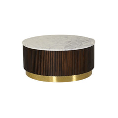 Round Mango Wood Coffee Table with Fluted Base & Marble Top