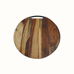 Round Sheesham Wood Cutting Board with Curved Iron Handle - Small