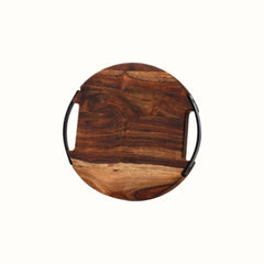 Round Sheesham Wood Cutting Board with Dual Iron Side Handles - Small