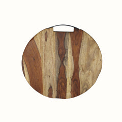 Round Sheesham Wood Cutting Board with Curved Iron Handle - Large