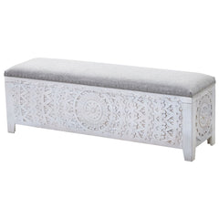 Carved Lace Storage Bench with Upholstered Top