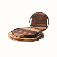 Round Sheesham Wood Cutting Board with Dual Iron Side Handles - Medium
