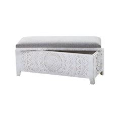 Hand-Carved Mango Wood Storage Bench with Upholstered Top