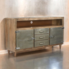 FS Plasma Console TV Unit, Solid Wood & Aluminium, Industrial Style Storage Cabinet