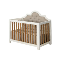 Vintage Mango Wood Baby Crib with Upholstered Fabric Headboard