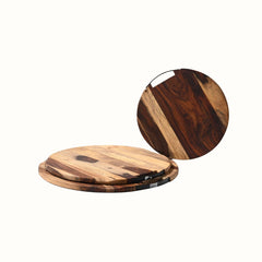 Round Sheesham Wood Cutting Board with Curved Iron Handle - Small