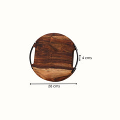 Round Sheesham Wood Cutting Board with Dual Iron Side Handles - Small