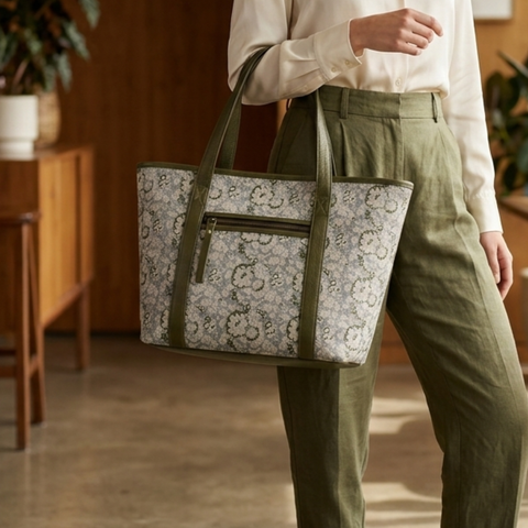 The Olive Grove Block-Printed Linen & Leather Tote